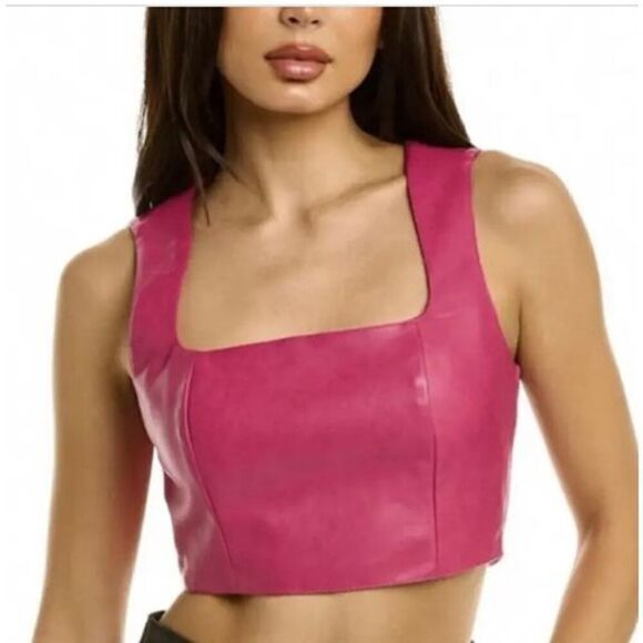 7 For All Mankind NWT Faux Leather Crocodile Crop Top Hot Pink Bikercore - Picture 1 of 6